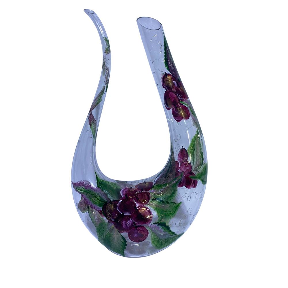 NEX Glass Hand Painted Wine Decanter Floral Design Signed By Artist 13 Inches